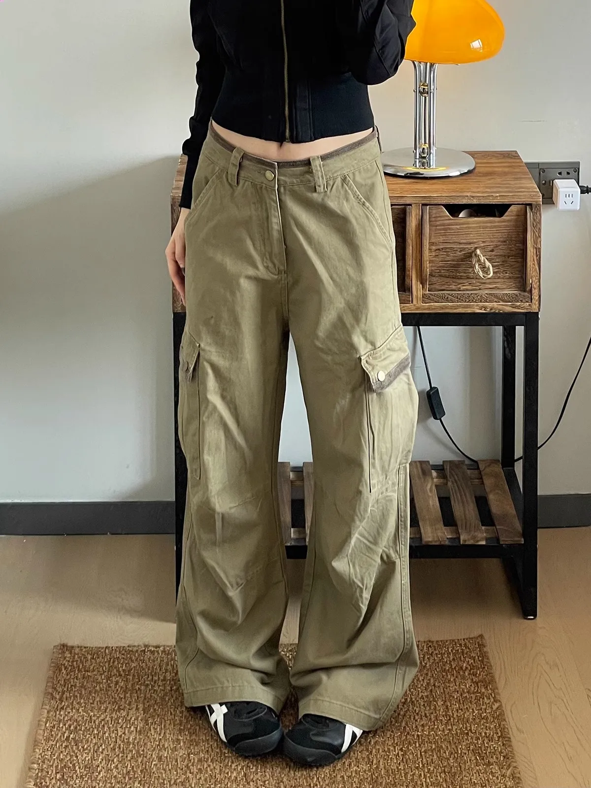 American Retro Workwear Denim Pants Women's High Waist Wide Leg Loose Straight Cut Trousers Spring Autumn New Sle Multi ket