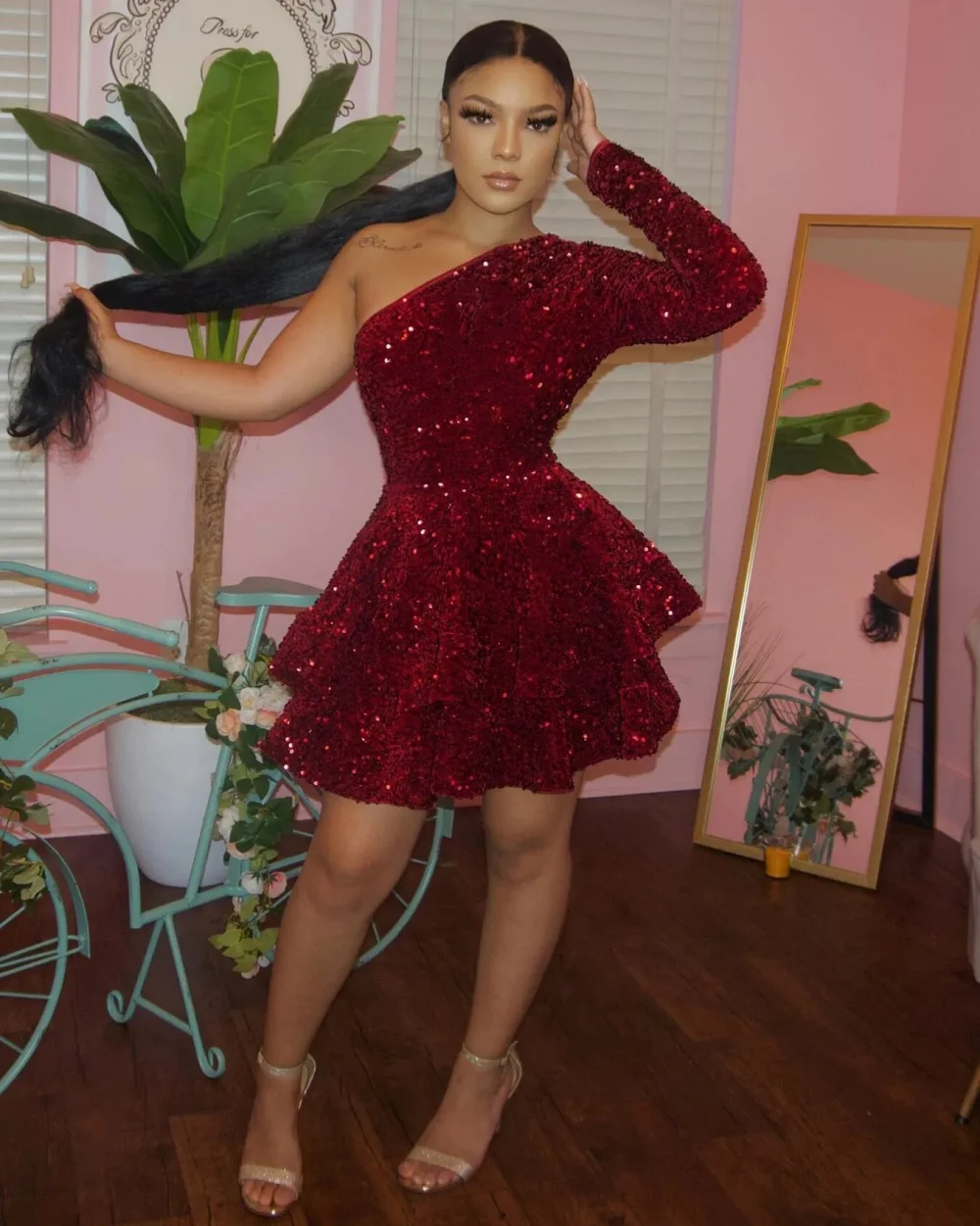strapless open back dress Rita Short Sequin One-Sleeve Hoco Dress