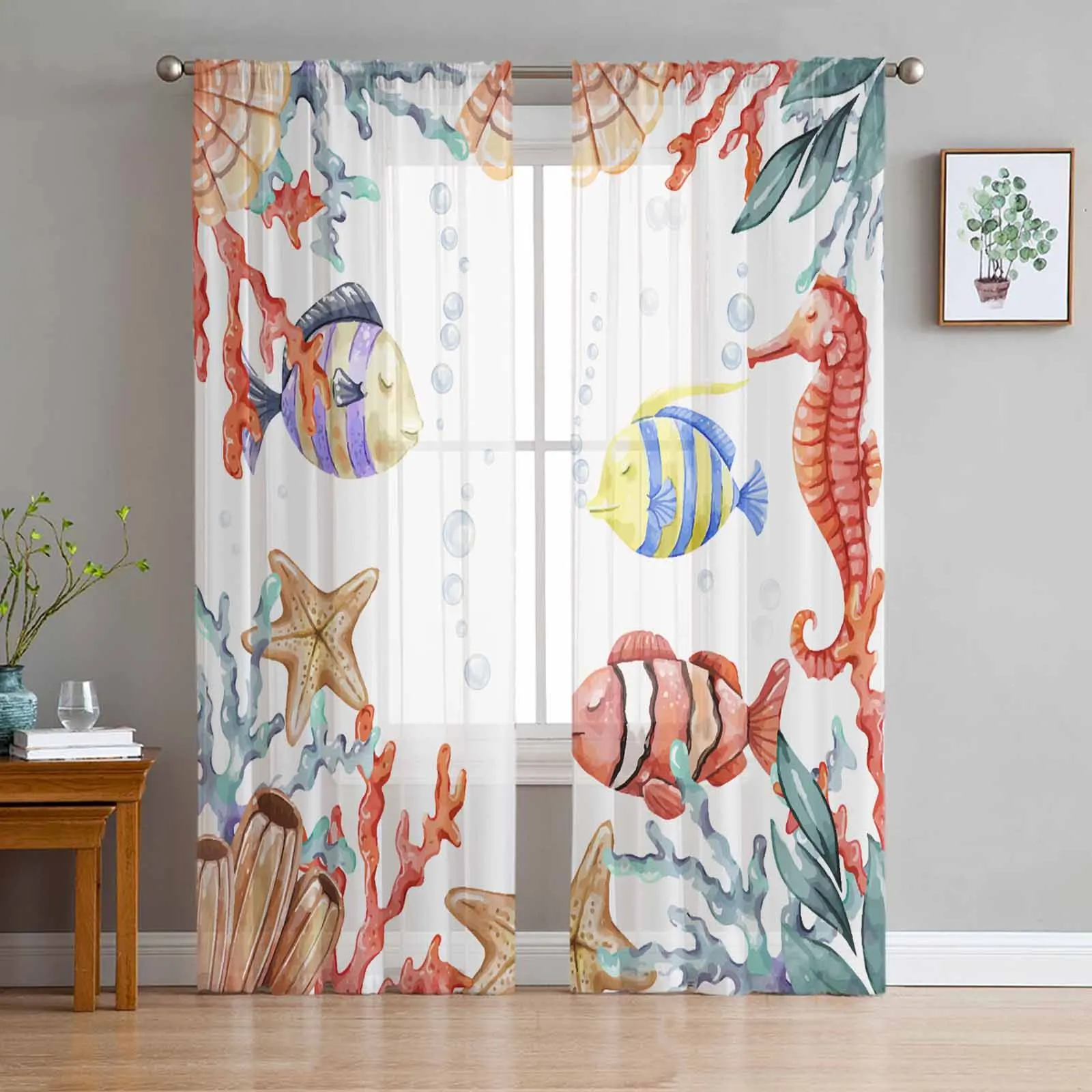 

Marine Seabed Coral Starfish Shellfish Seahorses Tulle Voile Curtains for Bedroom Living Room Window Curtain Sheer Drapes