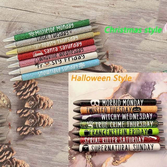 Halloween Weekday Glitter Pen Set - 2023 New Halloween & Christmas Pens Kit Bulk, Halloween Fun Office School Supplies Rollerball Pens, Unique