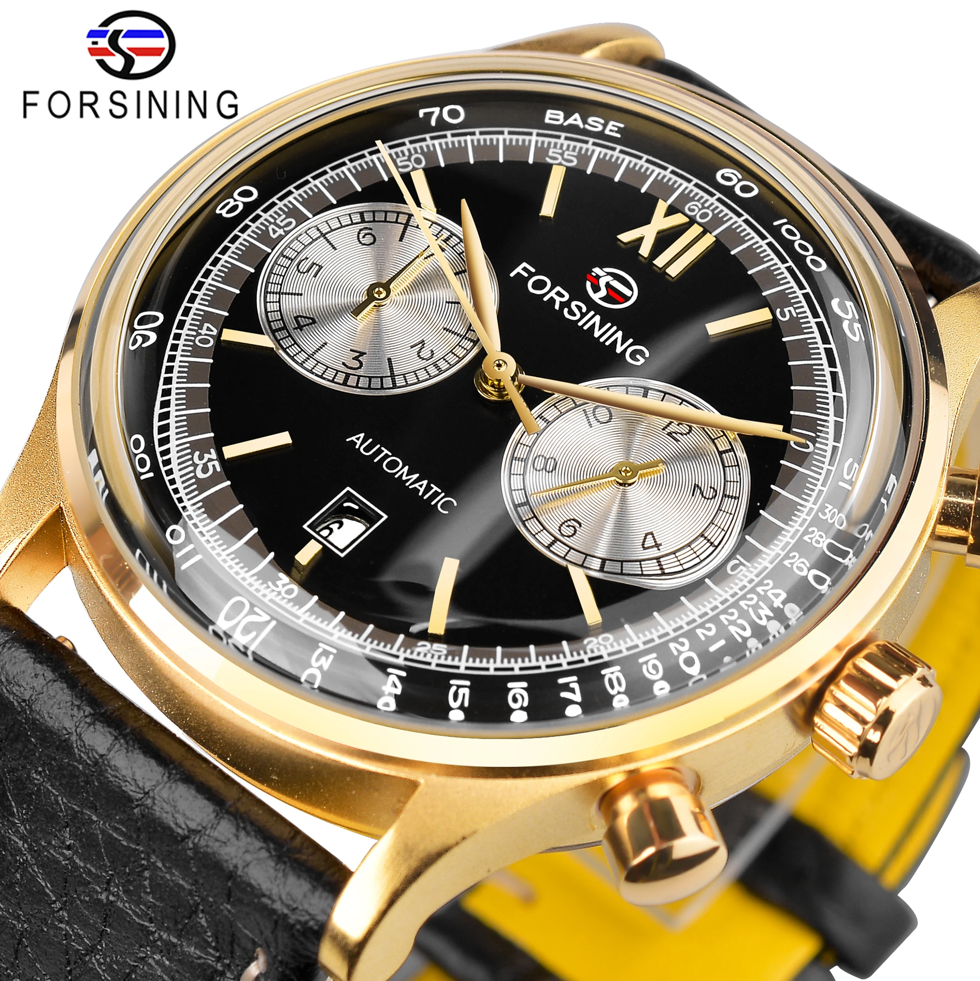 Forsining 2022 Classic Golden Concave Glass Calendar Two Dial Display Fashion ShangHai Movement Mens Mechanical Automatic Watch