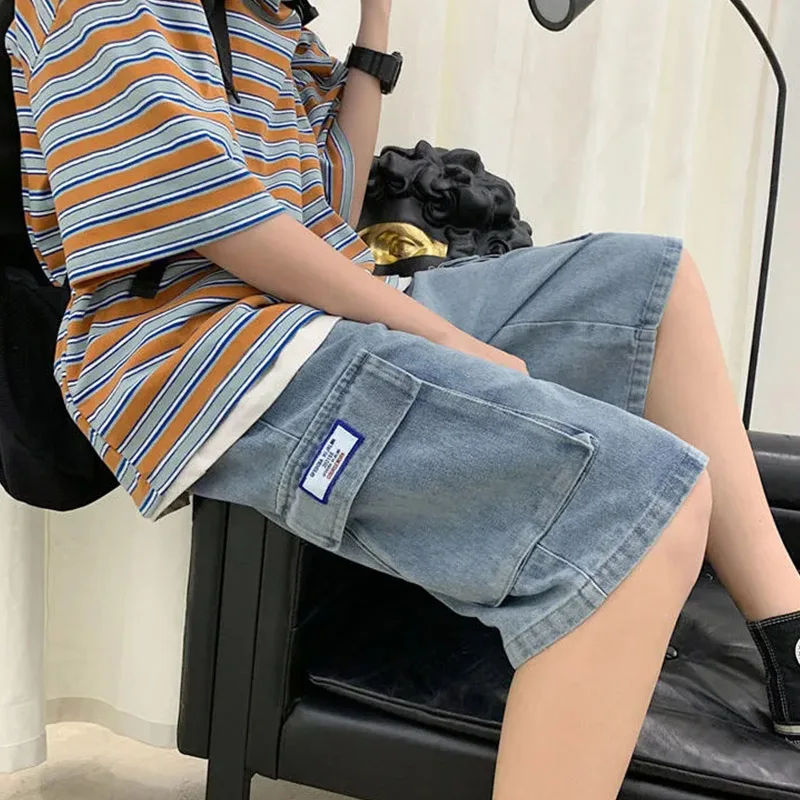 New Summer Retro Denim Shorts Korean Fashion Men's Travel Shopping High Quality Light Blue Business Youth Loose Shorts Large