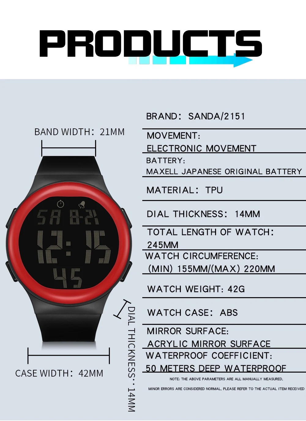 Sanda 2151 Trendy Fashion Soft Tpu Strap Big Screen Digital Movement Water Resistant Alarm Hand Clock Sports Stop Watch, Alina Gadgets
