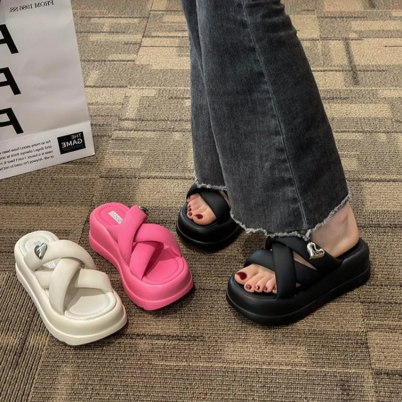 2023 EVA Thick Sole Women's Slippers 7cm Matsutake Bottom Elevated Anti Slip Solid Color Slippers for Casual Outwear Slippers