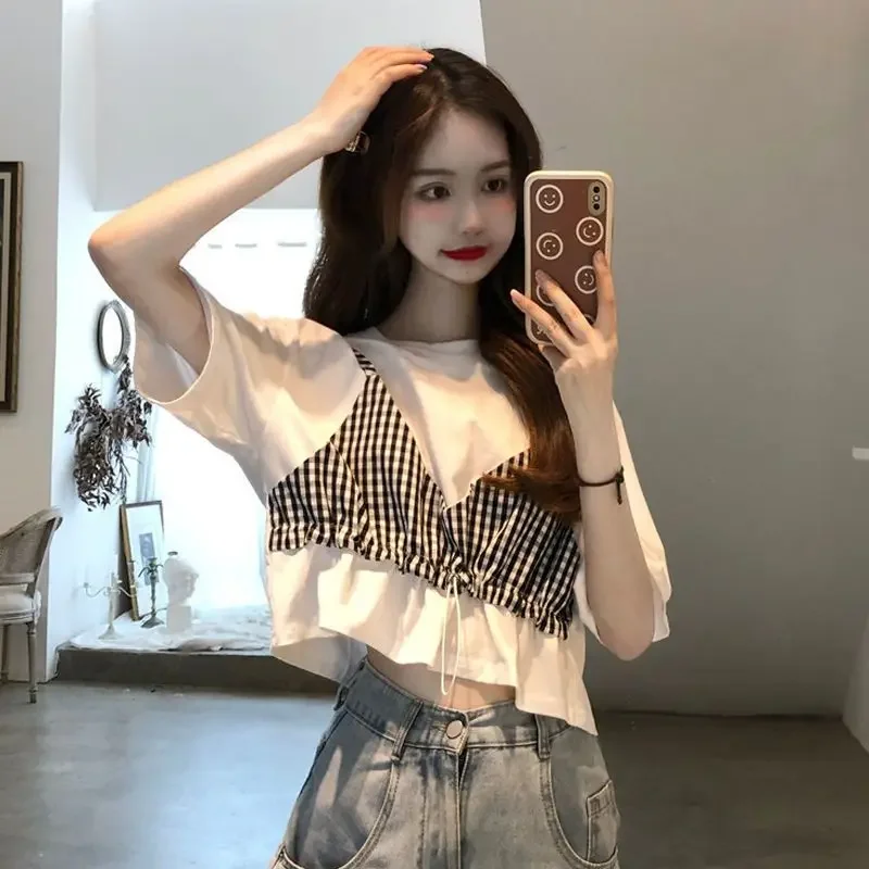 

Футболка женская из двух предметов, Свободный Топ с коротким рукавом, в стиле преппи, короткая рубашка с имитацией двух предметов, на лето