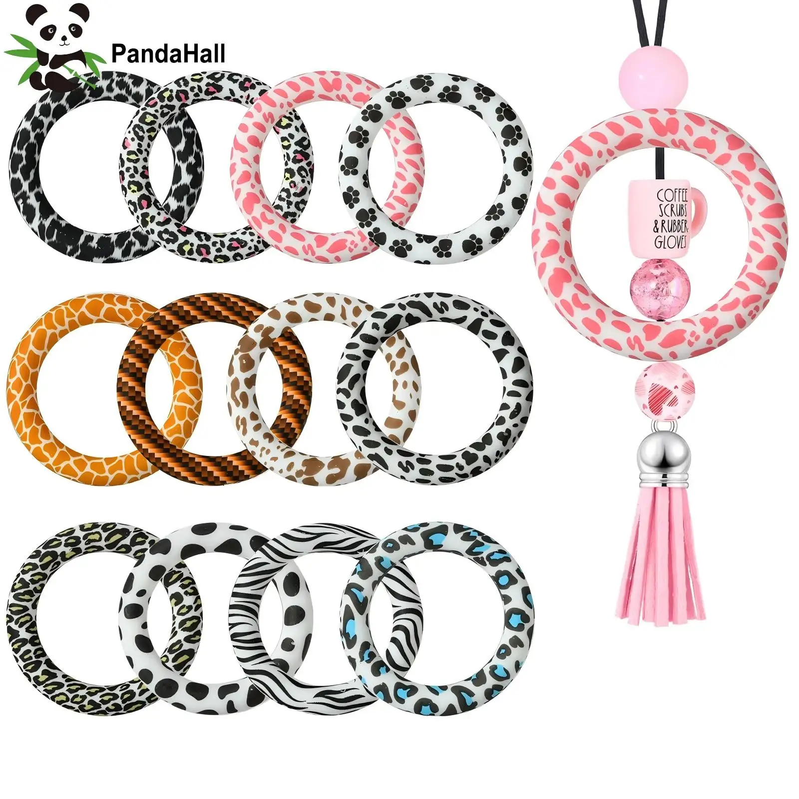 PandaHall 12 Stück Zufällige 65mm Silikon-Perlenringe mit Wildtier-Druck, Runde Fokalperlen für DIY Schlüsselanhänger-Herstellung