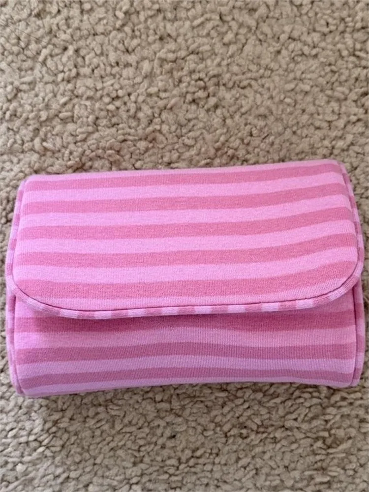 Flip-top With Mirror Makeup Bag Women Pink Striped Portable Zipper Cosmetic Travel Organizer Cute Sweet Handbag Toiletry Pouch 1