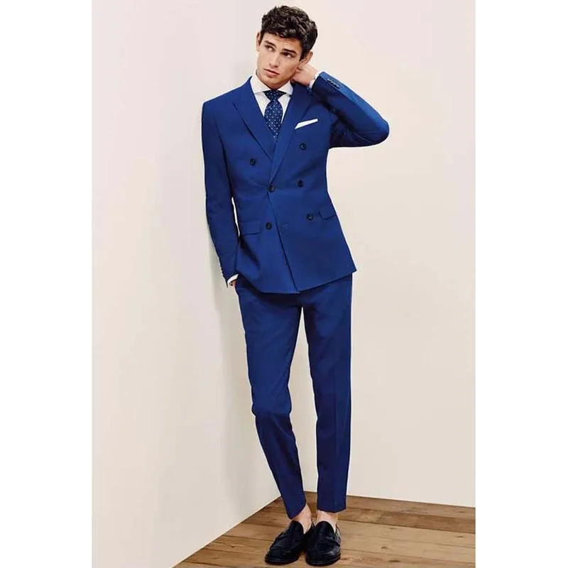 

Мужской двубортный блейзер с лацканами, темно-синий приталенный Блейзер с пиковым отложным воротником, деловой пиджак и брюки для вечеринки, 2019