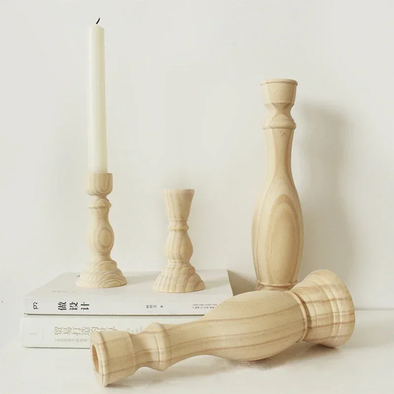 Wood Unfinished Candlesticks Holders Retro Unpainted Wood Classic Craft Candle Holders Creative Diy Home Wedding Decorations