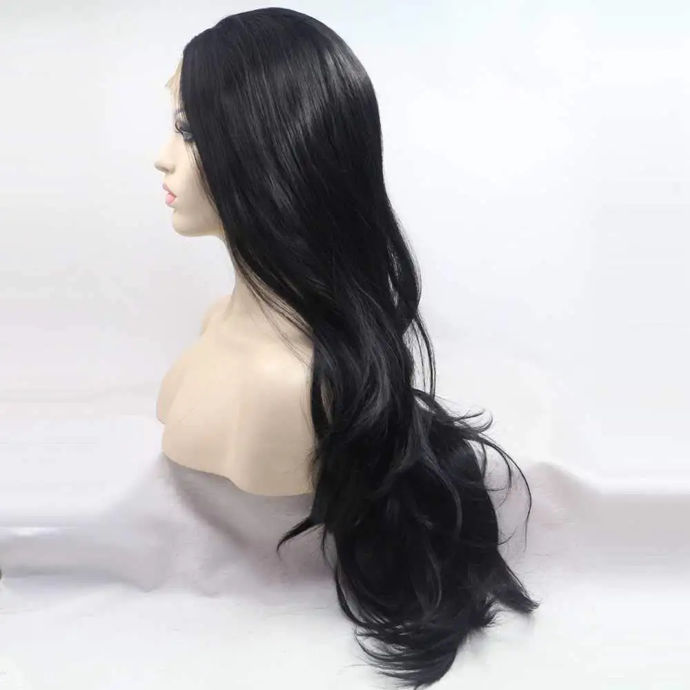 Lace Front Wig Synthetic Black Lace Front Wigs 1b#Color Long Black Wavy Wigs Heat Resistant Fiber Long Hair Middle Parting