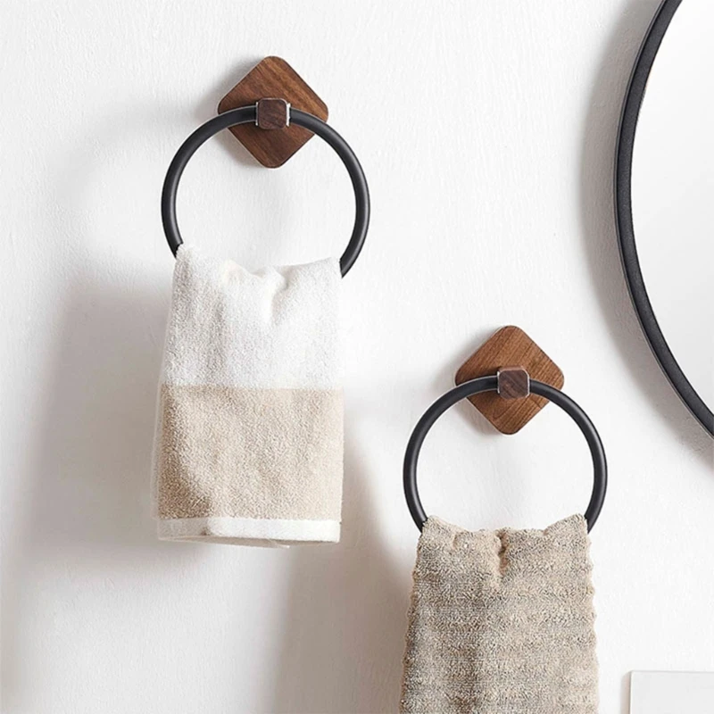 Aluminum Wood Towel Ring Hand Towel Holder Bathroom Rack Hanger Kitchen Wall Mount Heavy Duty Storage