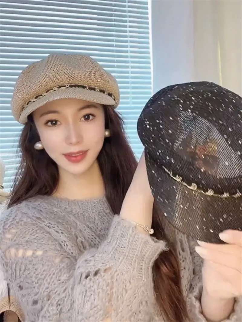 여성용 통기성 스팽글 할로우 아웃 통풍 골드 체인, 여성용 팔각형 모자, 레저 바이저 캡, 202305-near-df ins, 여름