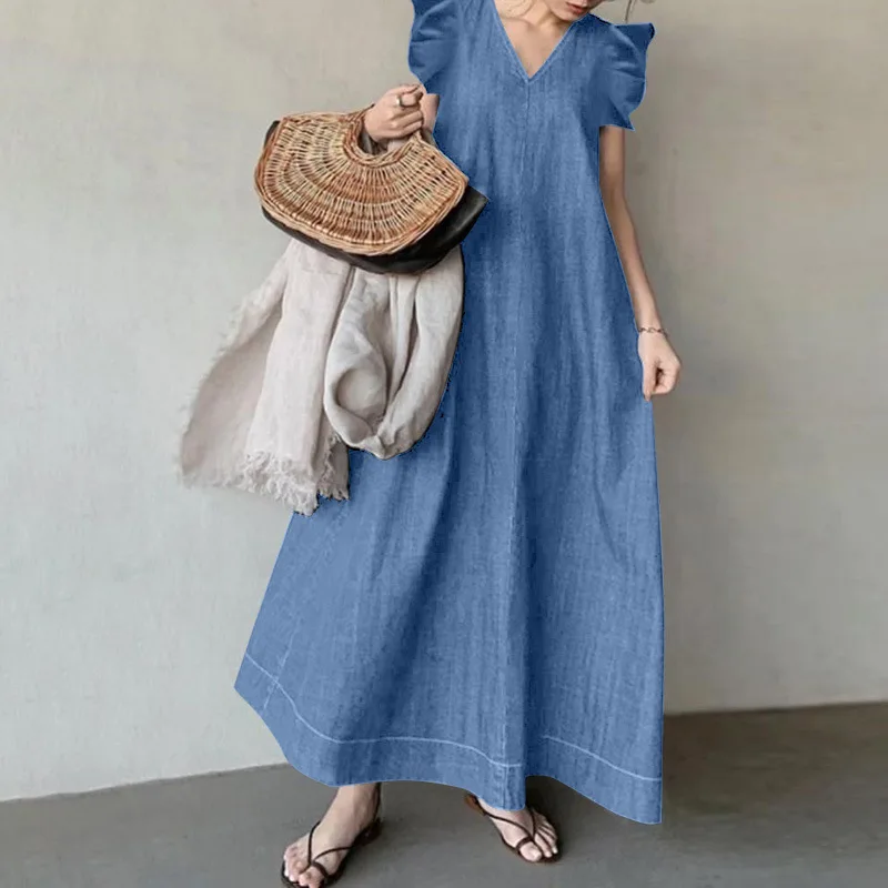 

Женское джинсовое платье с V-образным вырезом, голубое повседневное платье свободного покроя, пляжная одежда в Корейском стиле, весна-лето 2024