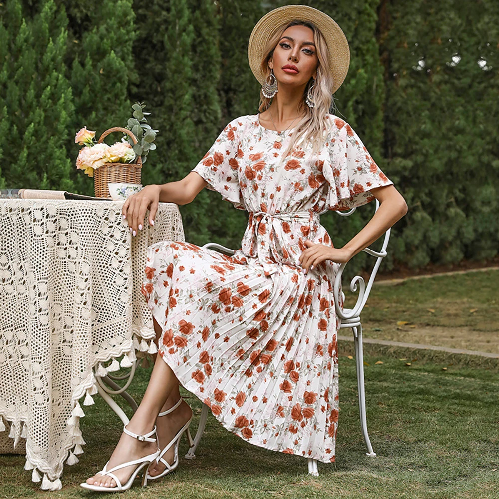 

Fashionable printed floral lotus leaf sleeve round neck tie up pleated dress, vacation style A-line group long skirt