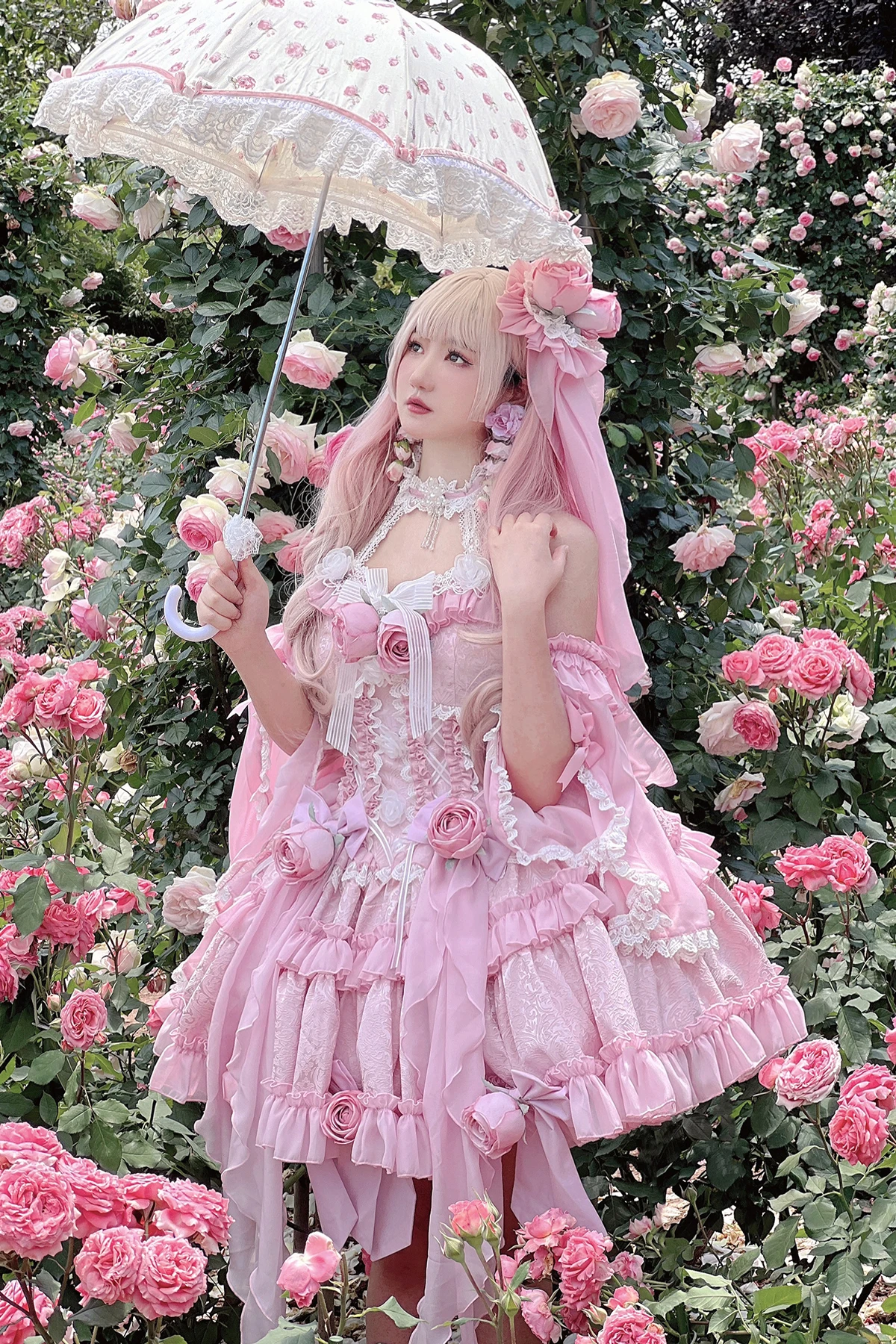 New Original Japanese Harajuku Cool Girl Fashion Pink Dress Female Lolita Temperament Slim Sweet Kawaii Fishbone Rose Jsk Dress