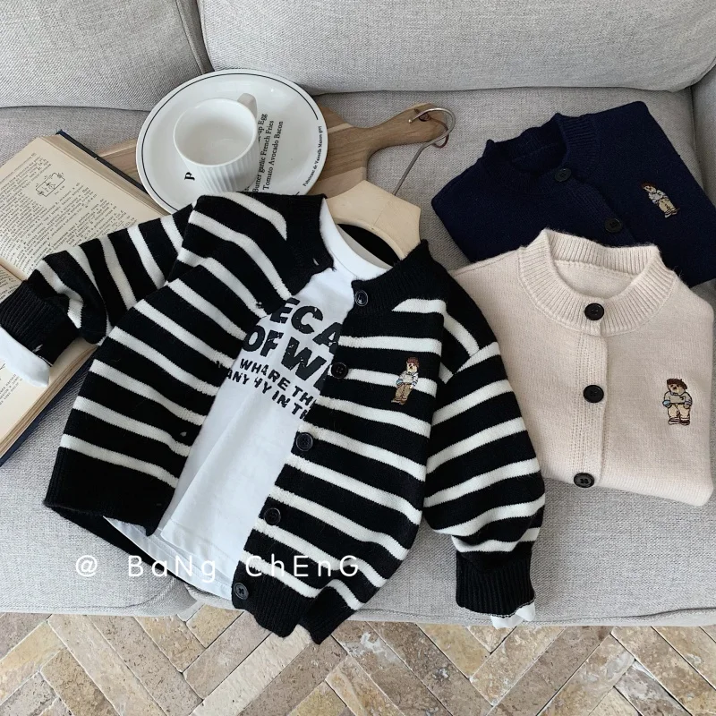 

Kids' sweater2024Spring New Children's Clothing Striped Wool Cardigan Boys and Girls Bear CoatMY0022-WS