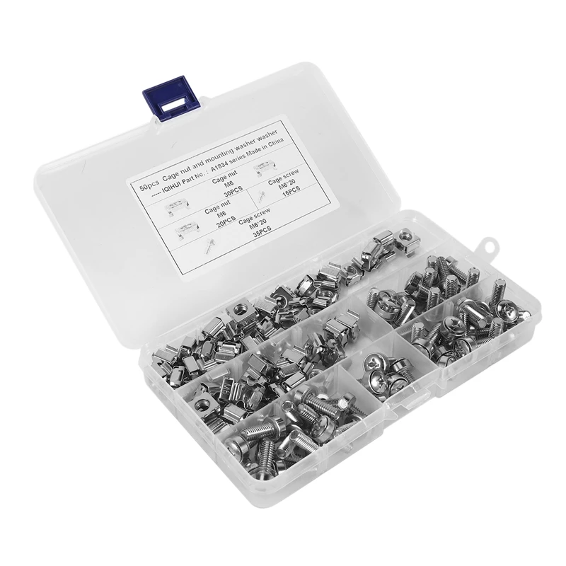 

AFBC 50 Sets M6 Square Hole Hardware Cage Nuts&Mounting Screws Washers For Server Rack And Cabinet(M6 X 20Mm)(Screw+Washer+Cage
