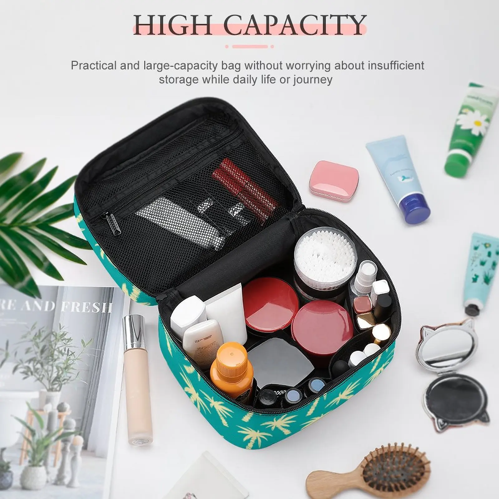 Customized Pattern Makeup Bag Coconut Tree Pattern Makeup Bag Women Multifunction Cosmetic Bag Toiletries Organizer Storage Bag