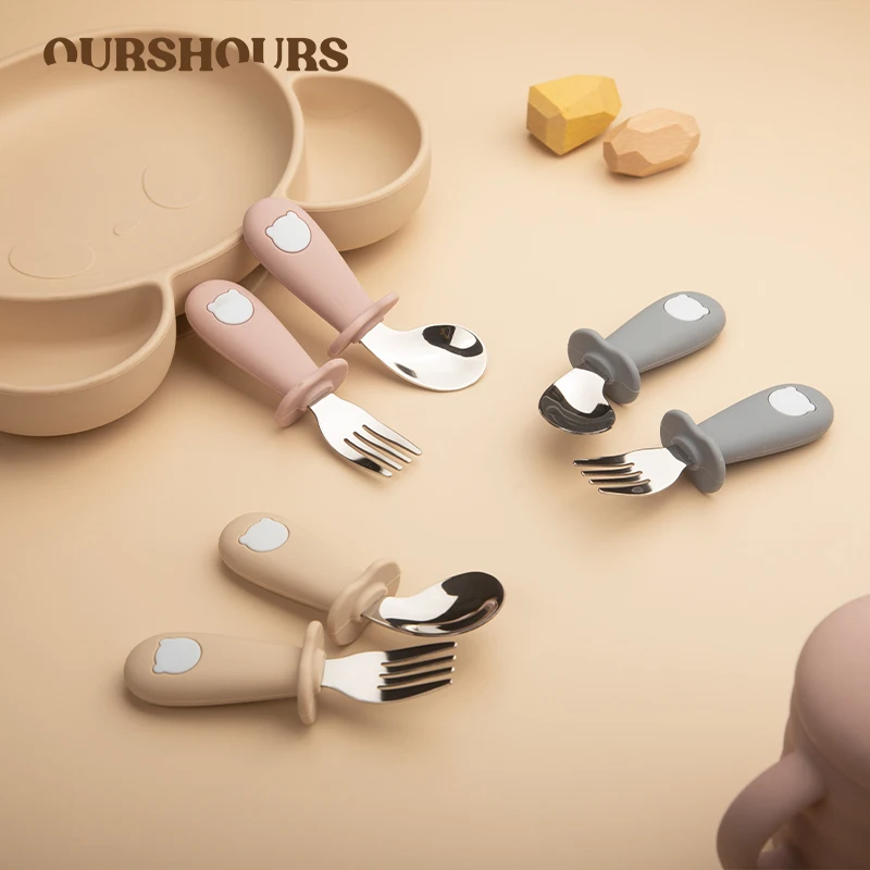 

2PC/Set Baby Stainless Steel Spoon Fork with Silicone Handle Infant Toddler Cartoon Tableware Cutlery Baby Feeding accessories