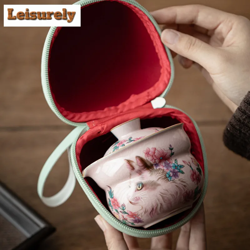 Pink Ru Kiln Flower Cat Gourd Travel Tea Set Kit Luxury 1 Pot 2 Cups Tea Making Organizer Portable Outdoor Handbag Collection