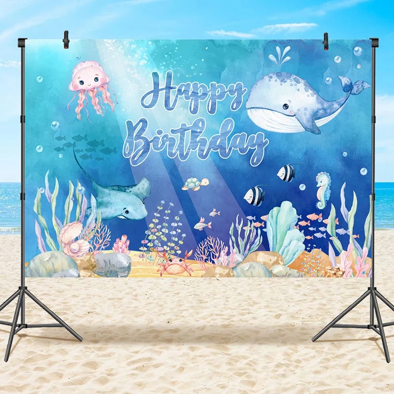 Description Picture 3 of itemUnder The Sea Theme Photography Backdrop Summer Ocean Underwater Background Aquarium Whale Octopus Birthday Party Decoration