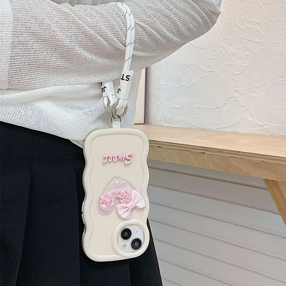 Love Heart Bow Wavy Soft Phone Case with Hanging Rope Back Cover