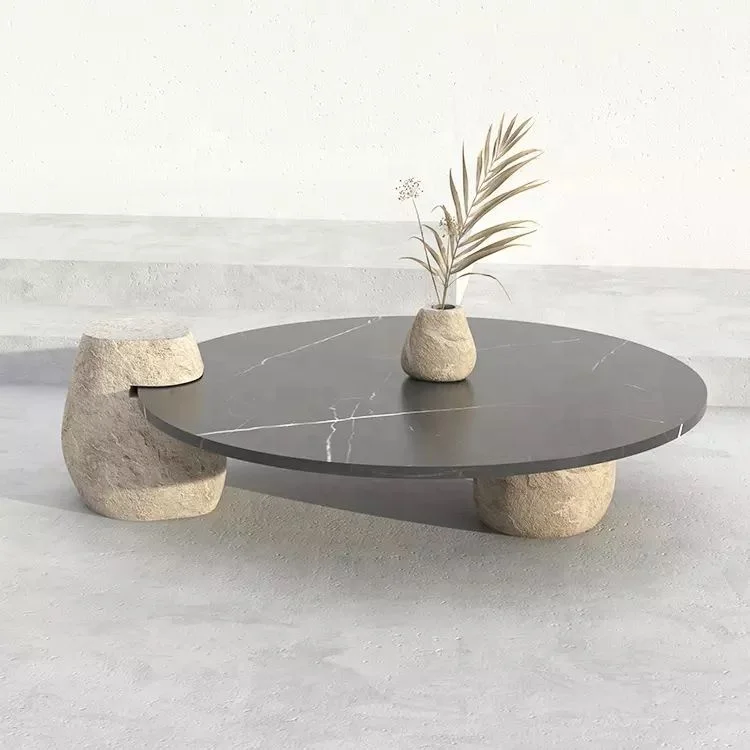 Black Nero Marquina Marble Table Top Modern Outdoor Big Round River Stone Garden Coffee Table