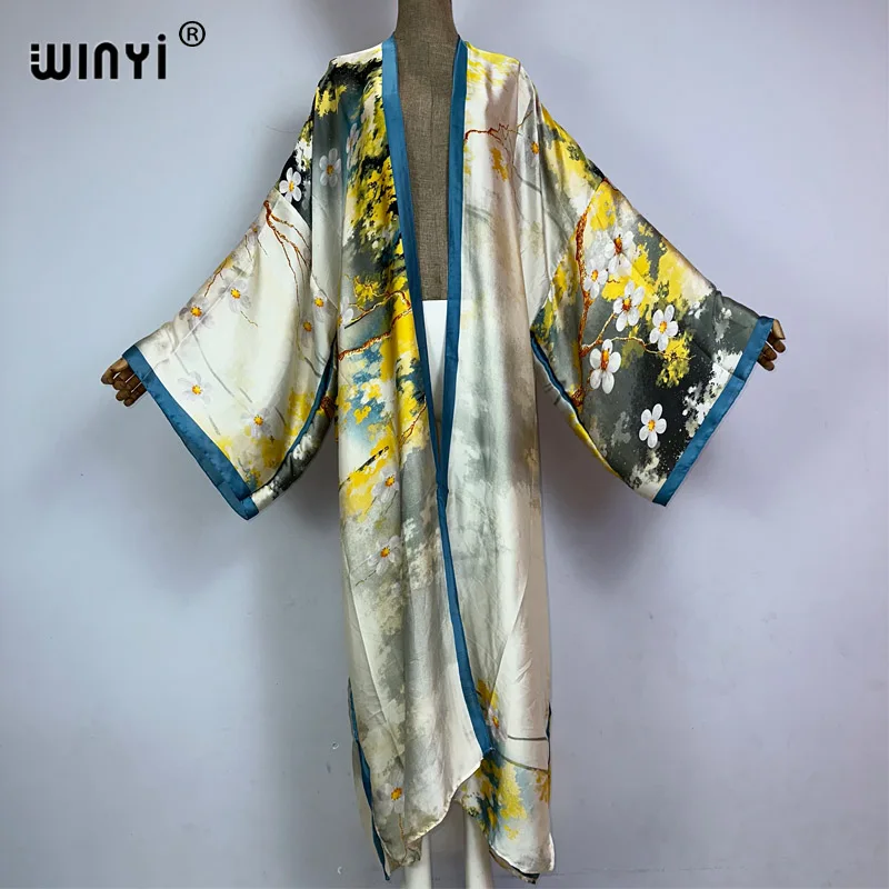 WINYI 기모노 보헤미안 프린트 보호 카프탄 비치 웨어 커버 업, 우아한 가디건, 섹시한 홀리데이 맥시 비치 의상, 여성용 베스티도
