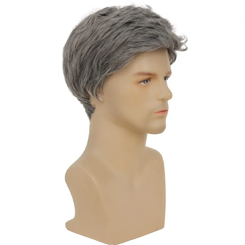 Parrucca Corta Grigia da Uomo, Sintetica, per Costume di Halloween, Morbida, a Strati, Effetto Naturale (Grigio) - immagine 4