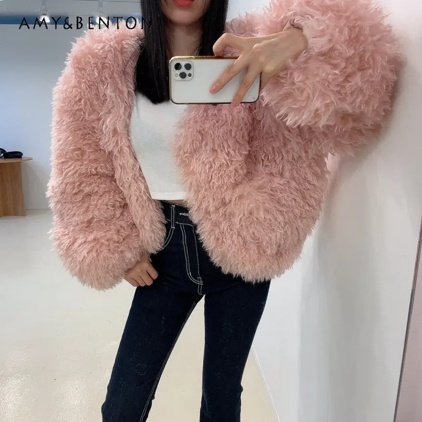 

Solid Color Short Imitation Fur Furry Coat Female Winter All-Matching Jacket Youthful-Looking Young Lamb Wool Padded Clothes