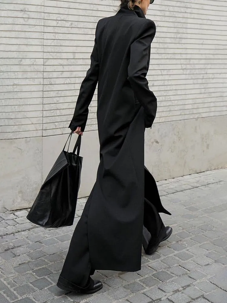 KBQ Solid long Korean Blazers For Women Notched Collar Long Sleeve Spliced Button elegant coats Female autumn fashion Clothing