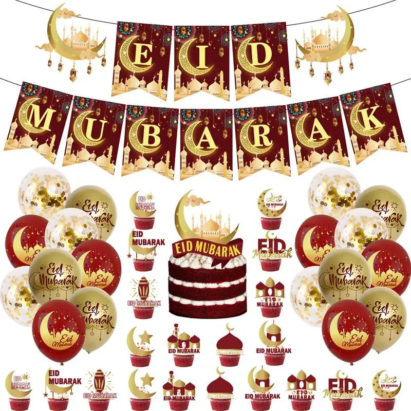 

46 Pcs Eid Party Supplies Eid Hanging Banner Red Gold Confetti Balloons And Cake Picks Set Latex Confetti Balloons Cupcake