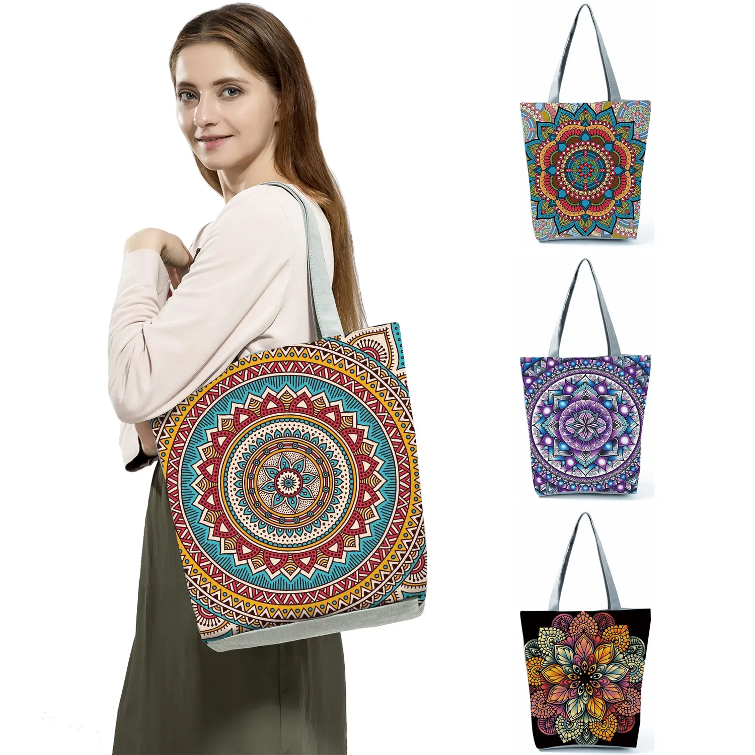 Geometry Flower Tote Bag Women Eco Linen Reusable Shopping Bag Floral Print Handbags For Lady Traveling Beach Hand Shoulder Bags wristlet wallet