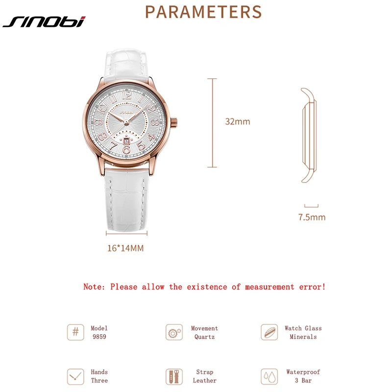 SINOBI Fashion White Leather Strap Woman Watches Original Design Calender Women's Quartz Wristwatches Gifts Clock For Ladies 6