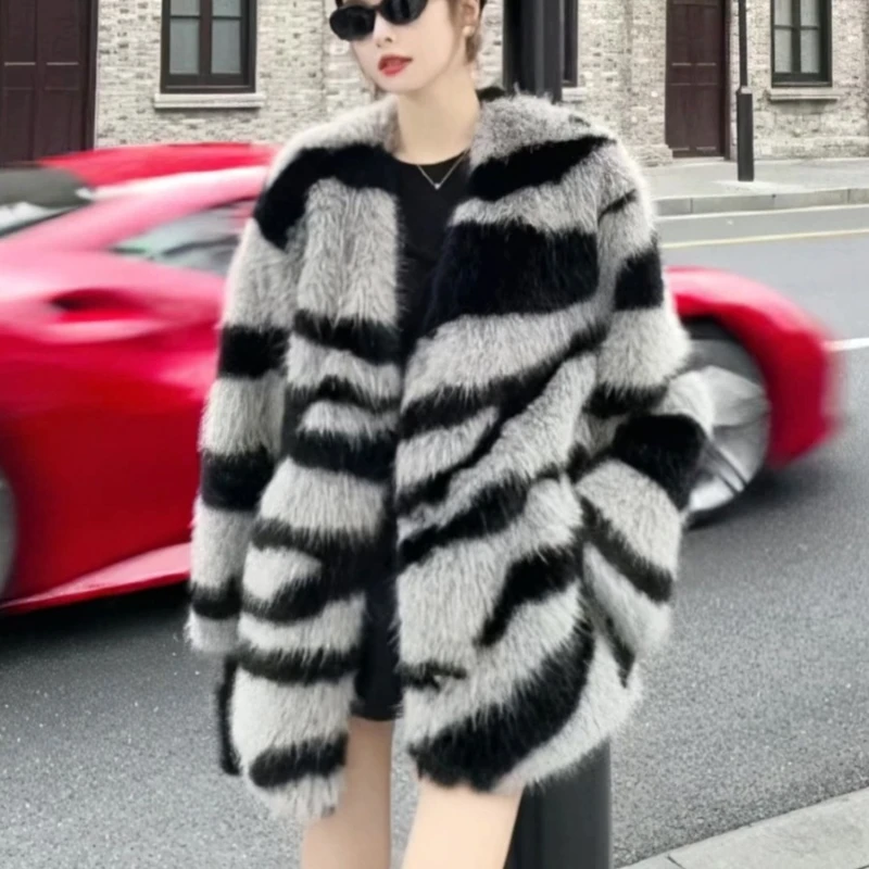 Winter Vintage Thick Warm Faux Fur Coat Women Fluffy Jacket Zebra Print Fur Coat Plus Size Korean Fashion Cardigan Outerwear Top