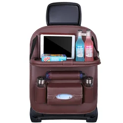 Luxury Car Seat Back Organizer with Foldable Table Tray and Storage Pockets (Coffee)