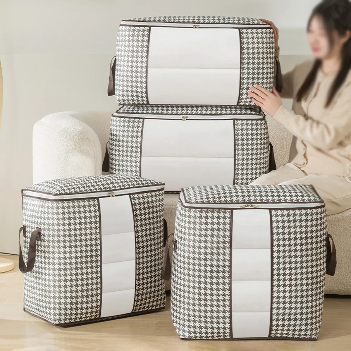 3pcs-Large Capacity Houndstooth Pattern Storage Box with Zipper