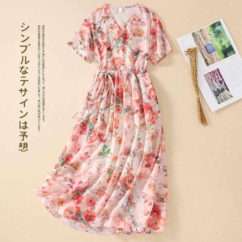 

2023 New Arrival V-neck Thin Soft Loose Cozy Summer Dress Print Floral Draw String Office Lady Work Dress Women Casual Dress