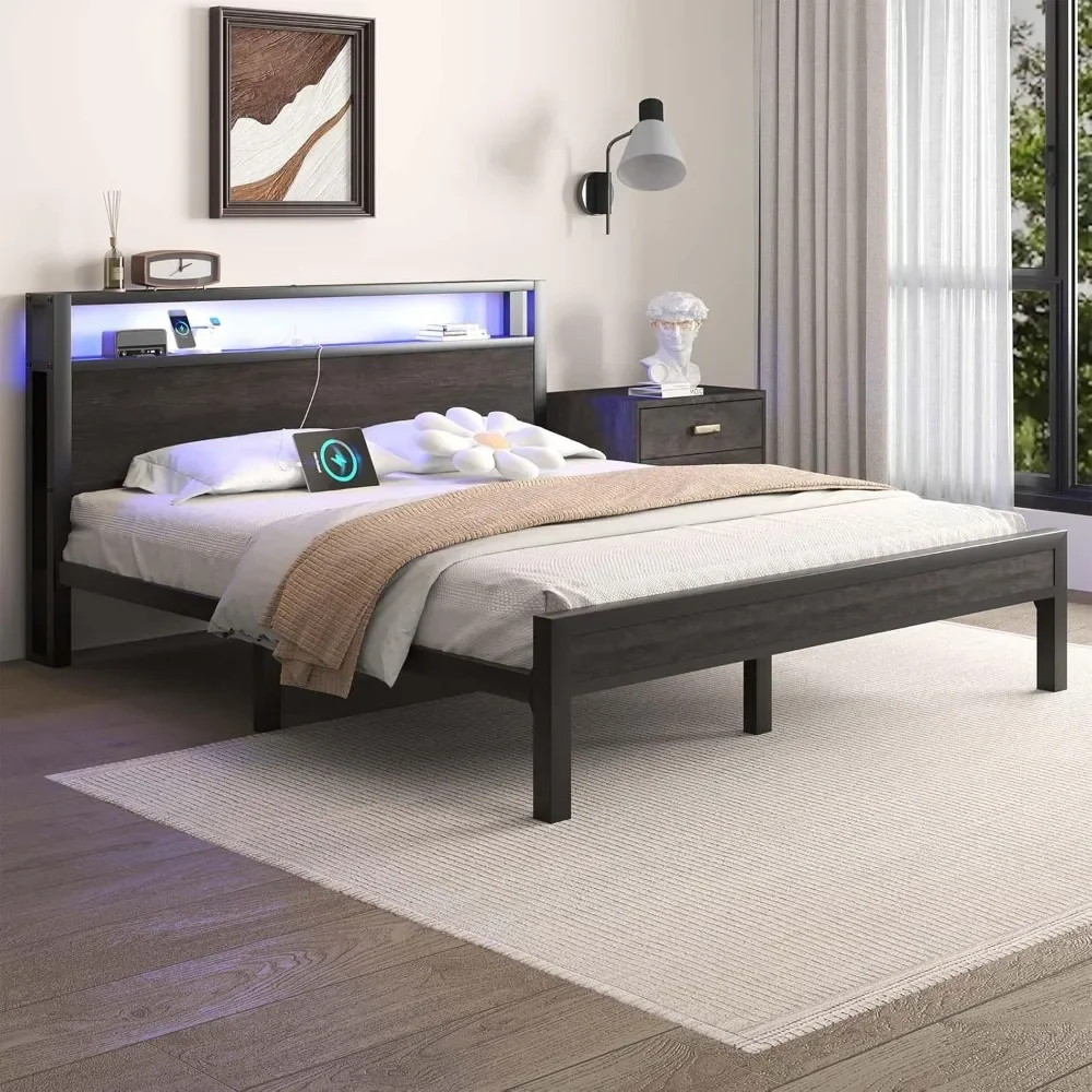 Bed Frame with Storage Headboard, Industrial Platform Bed with Charging Station and LED Lights, Heavy Duty Metal Slats 3