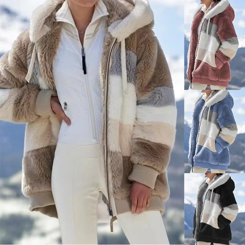Fashion Striped Faux Fur Hooded Coat Women Zip Up Jacket Winter Thick Warm Plush Fleece Hoodies Outwear Female Plus Size 5XL