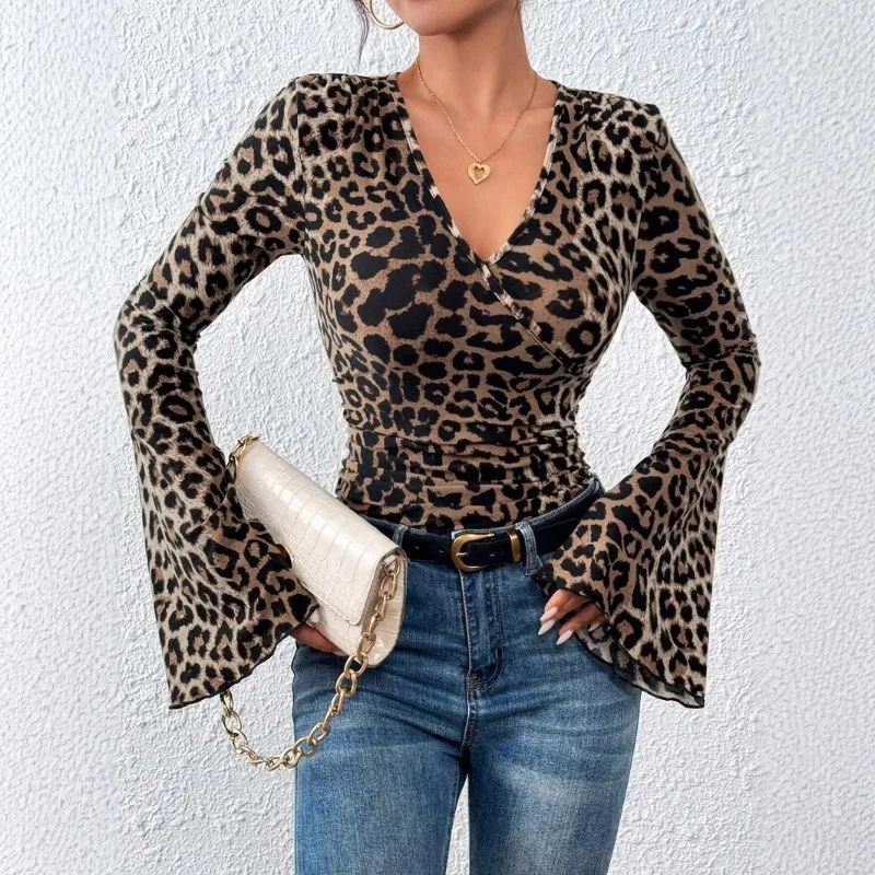 Elegant New Fashion Spring and Summer Women's V-neck Leopard Print Flared Long Sleeve T-shirt Sexy Slim Women's Casual Top