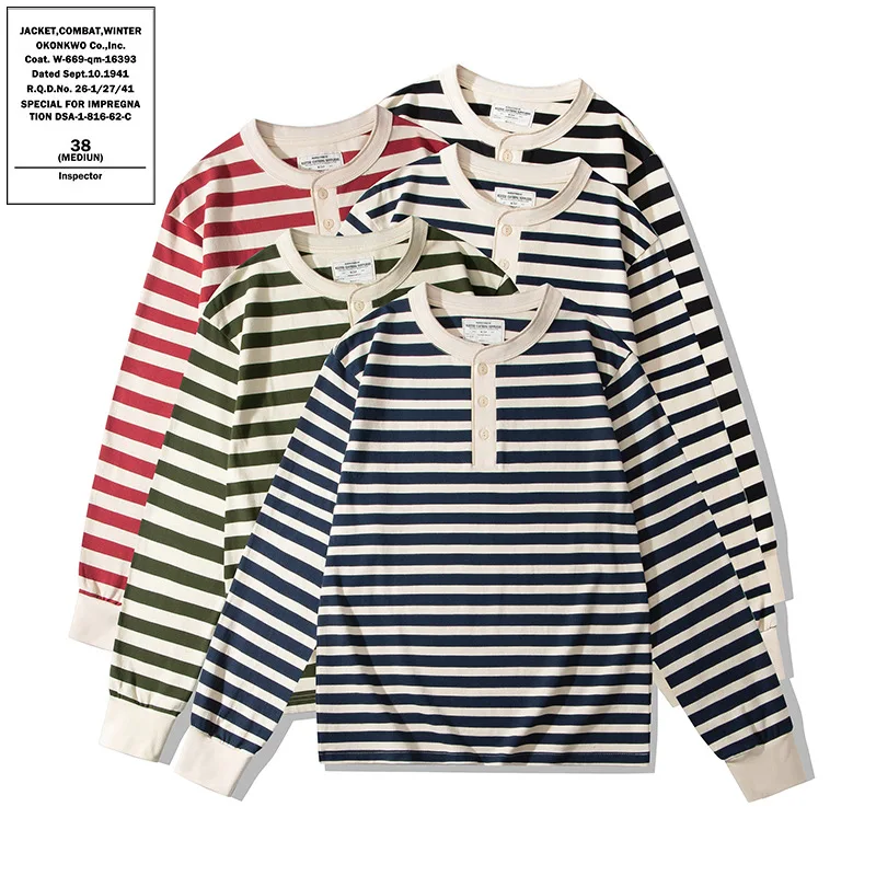OKONKWO 230g Heavy Weight Long Sleeve Striped Henry Collar T-shirt Deck Shirt TEE Outdoor Trekking Travel Fitness Sports Clothes sport t shirt,long sleeve t shirt