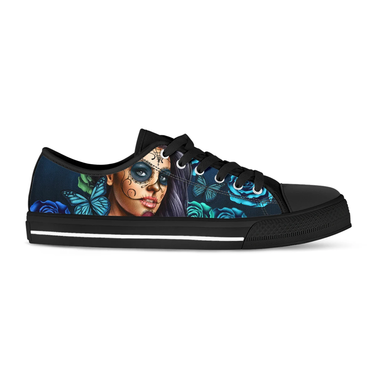 Hot Sale Purple Day Of The Dead Calavera Girl Print Canvas Shoes Lace Up Flat Autumn Breathable Vulcanized Sneakers