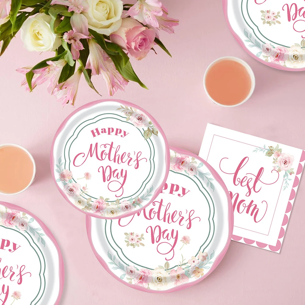 Disposable Tableware Set Pink Flowers Theme Mother's Day Party Decoration Dinner Plates Dessert Plates Napkins Paper Cups Straws