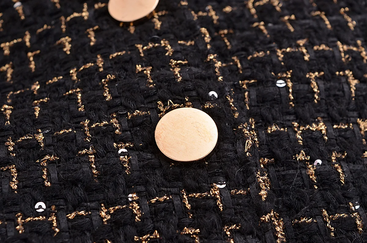 French Retro Women Black Weave Gold Line Tweed Blazer High Waist Center Buttons Back Zipper Mini Skirt Set Suits 2 pieces 1 set