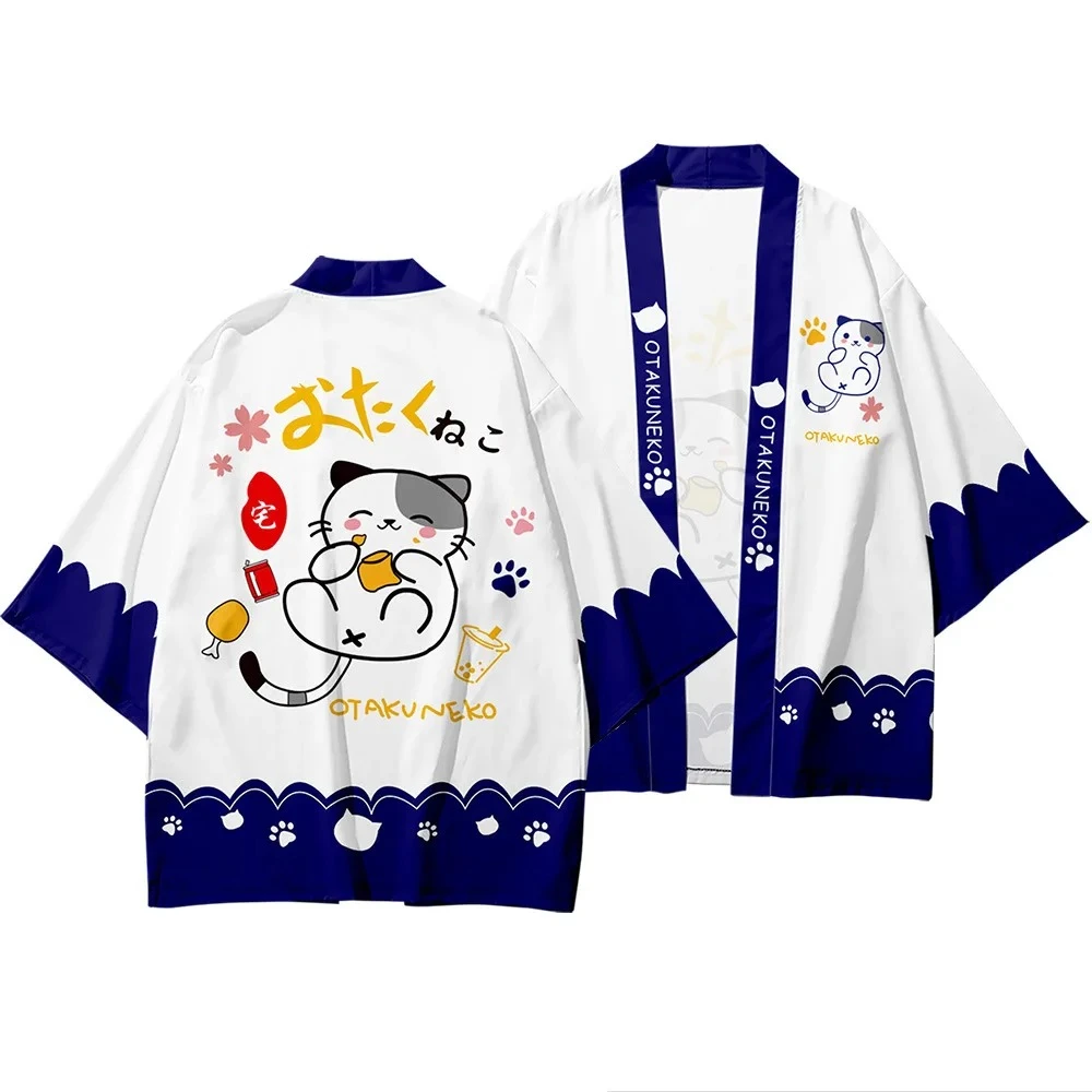 Japanese Traditional Cartoon Lucky Cat kimono summer beach sun protection cardigan men women fun feather weaving kids tops japanese kimono japanese kimono cardigan japanese kimono shirt