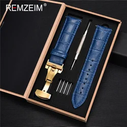 Premium Genuine Leather Watch Band with Stainless Steel Butterfly Clasp and Tool Set - 22mm (Blue - gold)