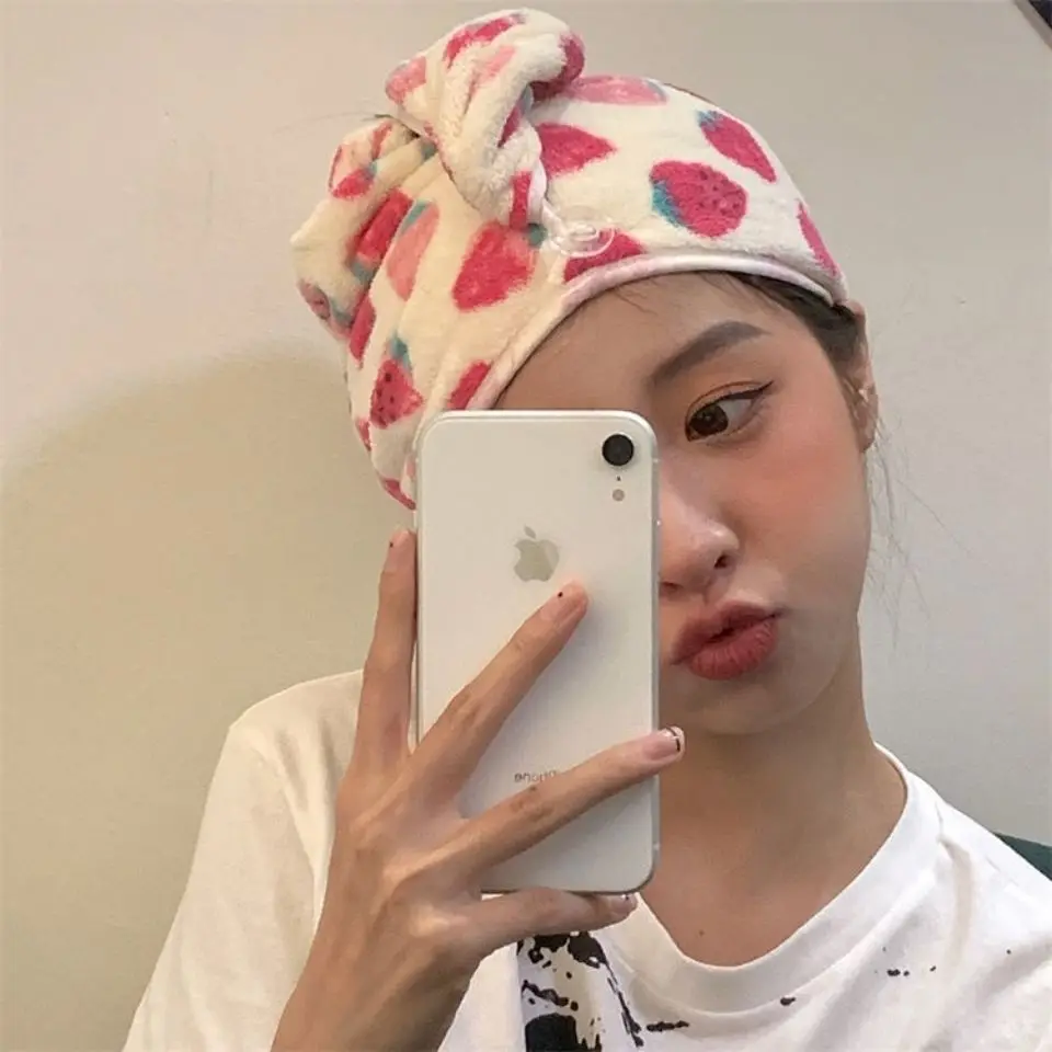 Cute Strawberry Print Hair Towels Microfiber Water Absorbent Coral Fleece Quick Drying Soft Cap Students Dormitory Turban microfiber towel hair towel