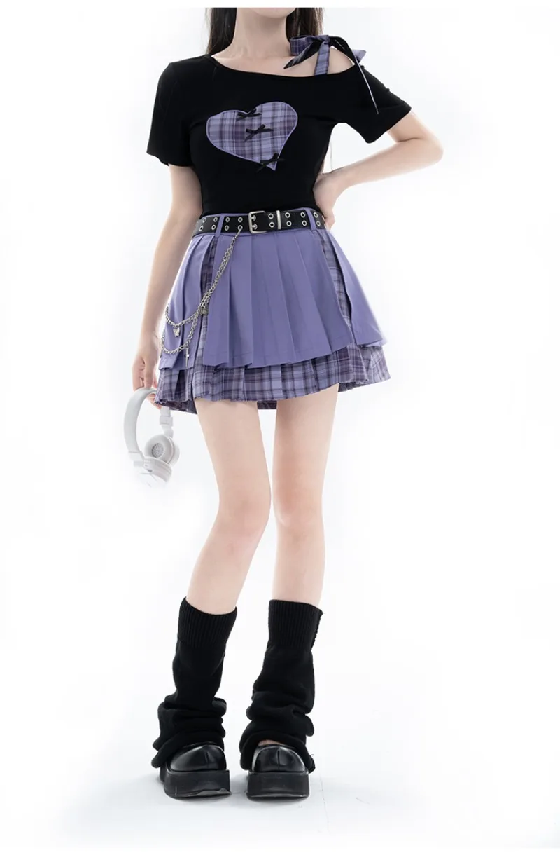 2024 New Japanese Style Off-the-Shoulder Short Sleeved Love Pattern T-shirt Top Purple Black Hot Girls Split Skirt Outfits Women