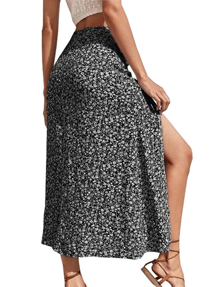 Midi A-line Long Women's Skirts Office Lady Bodycon Summer Printing High Split Elastic Polyester Fashion Vintage Female